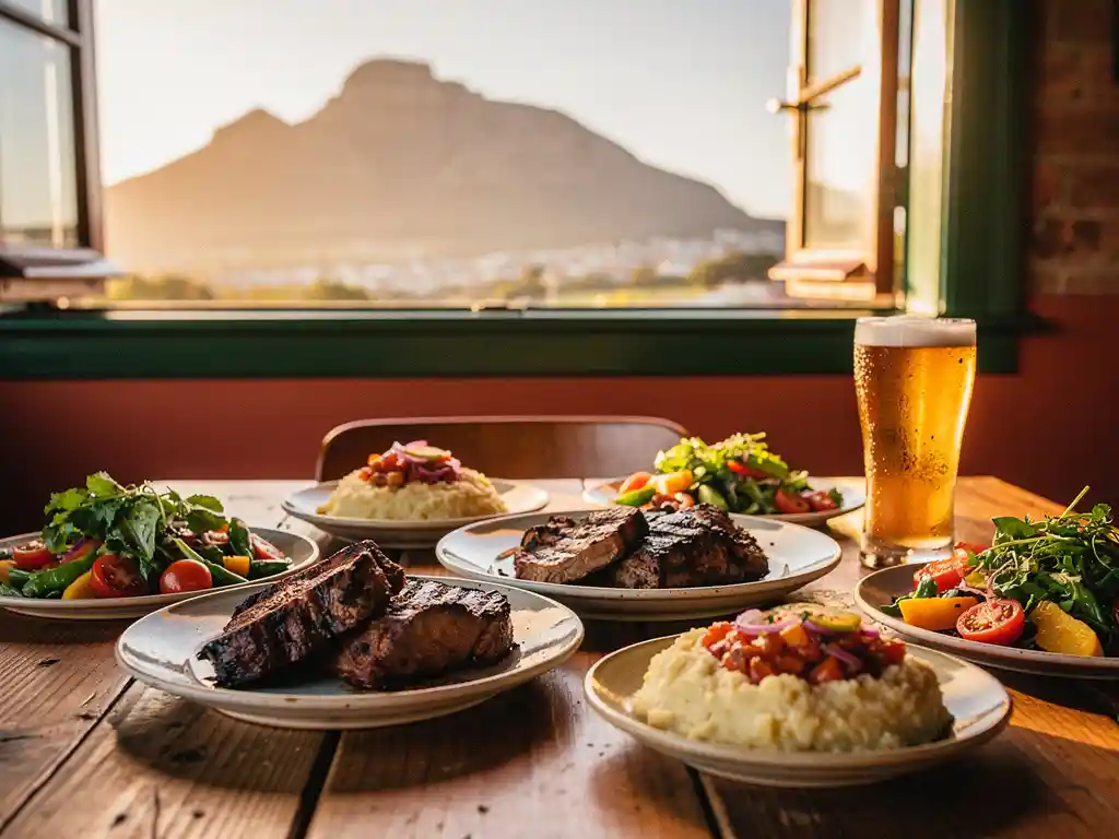 Traditionele Zuid-Afrikaanse braai met gegrild vlees, pap en salades op keramische borden, Tafelberg zichtbaar op de achtergrond.