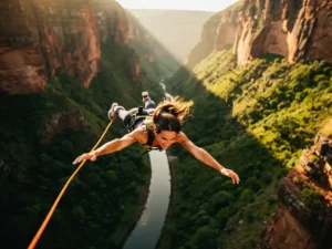 Persoon in vrije val tijdens bungeesprong boven Zuid-Afrikaanse kloof met groene canyon, smalle rivier en oranje koord.