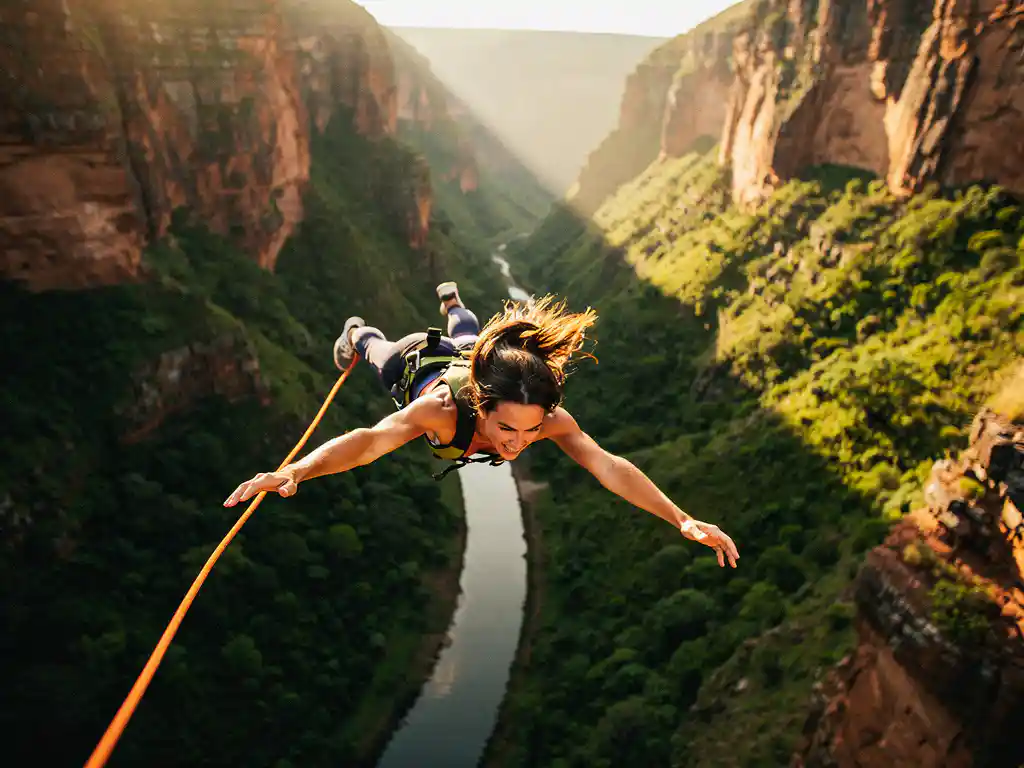 Persoon in vrije val tijdens bungeesprong boven Zuid-Afrikaanse kloof met groene canyon, smalle rivier en oranje koord.