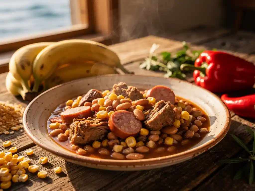 Dampende cachupa stoofschotel op rustiek keramisch bord, omringd door plantains, gedroogde maïs en rode pepers in warm oceaanlicht.