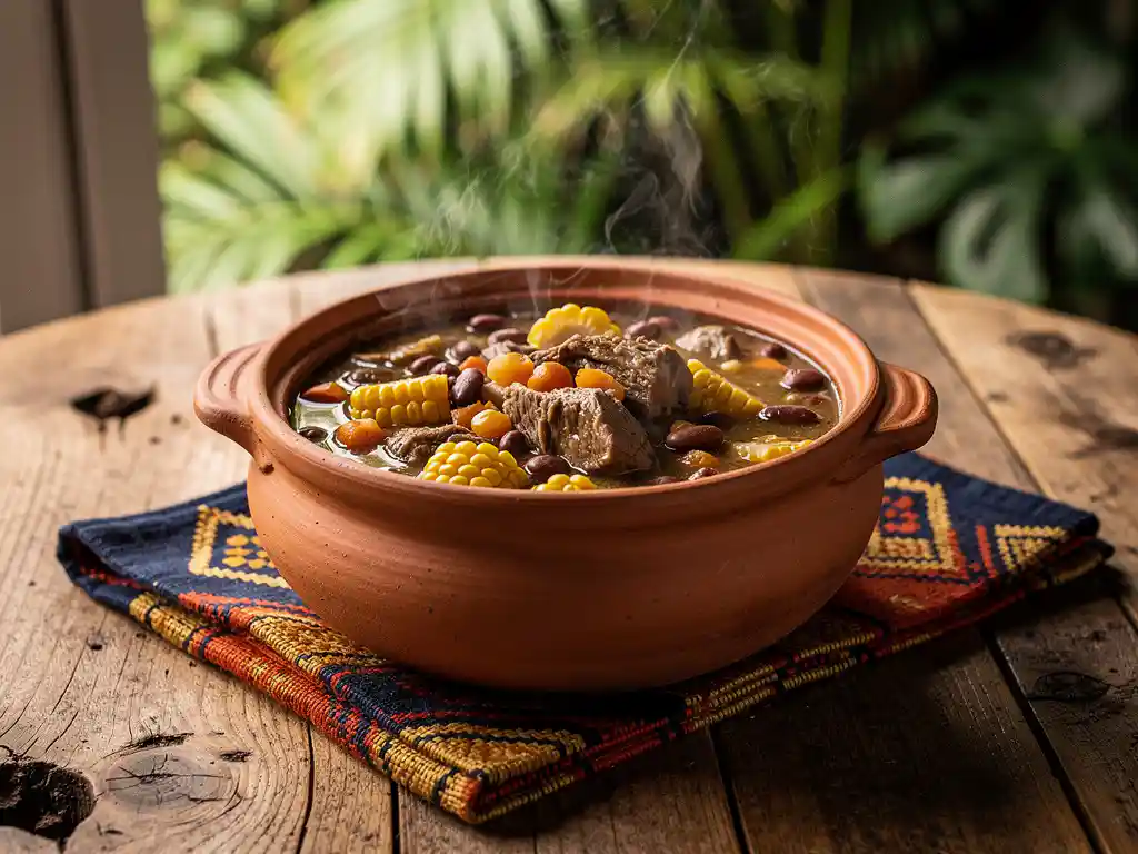 Dampende cachupa-stoofpot van klei met maïs, bonen en vlees op een rustieke houten tafel met geweven doek.