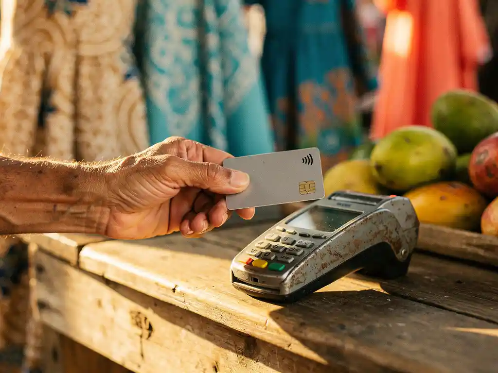 Verweerde hand met contactloze bankpas bij betaalterminal op houten marktkraam, Kaapverdische stoffen en tropisch fruit op achtergrond.