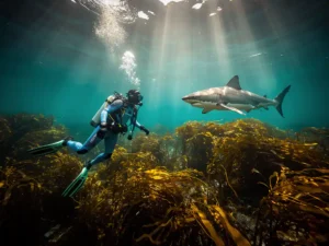 Duiker daalt af in turquoise Zuid-Afrikaans water met een grote witte haai en gouden kelpbossen in de achtergrond.