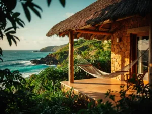 Rustiek eco-lodge met rieten dak op begroeide heuvel, hangmat op terras, turquoise Atlantische baai en vulkanische kustlijn op achtergrond.