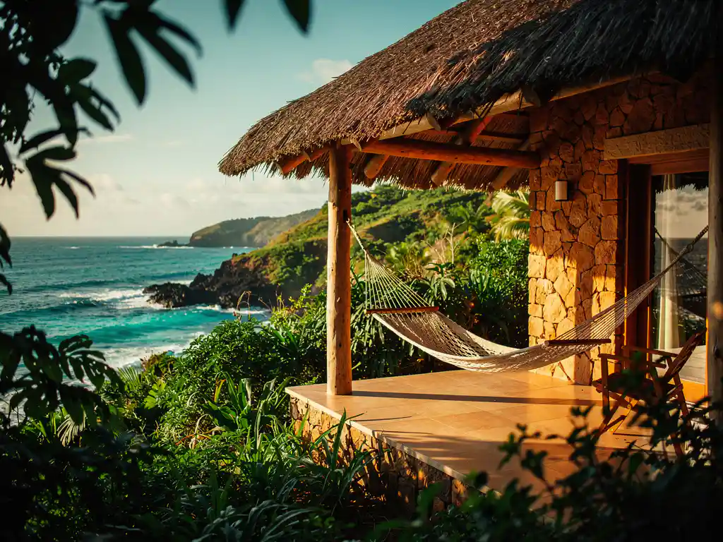 Rustiek eco-lodge met rieten dak op begroeide heuvel, hangmat op terras, turquoise Atlantische baai en vulkanische kustlijn op achtergrond.