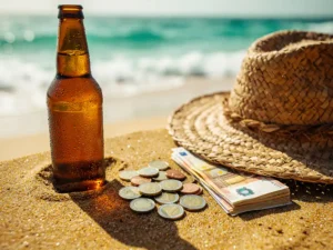 Euro munten en biljetten op zand naast een koud bierflesje, met turquoise Atlantische oceaan op de achtergrond.