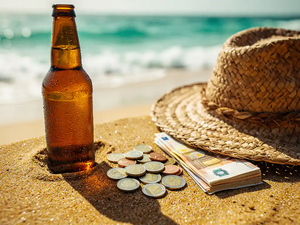 Euro munten en biljetten op zand naast een koud bierflesje, met turquoise Atlantische oceaan op de achtergrond.