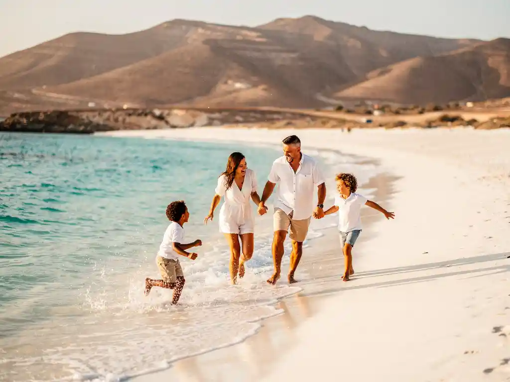 Gezin met jonge kinderen spelend in turquoise Atlantisch water op een wit vulkanisch strand in Kaapverdië.