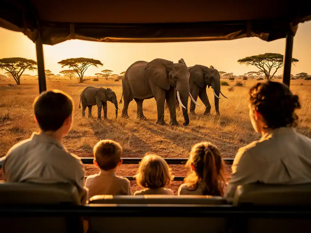 Familie met kinderen observeert wilde olifanten in de Zuid-Afrikaanse savanne tijdens gouden uur vanuit een open safariwagen.