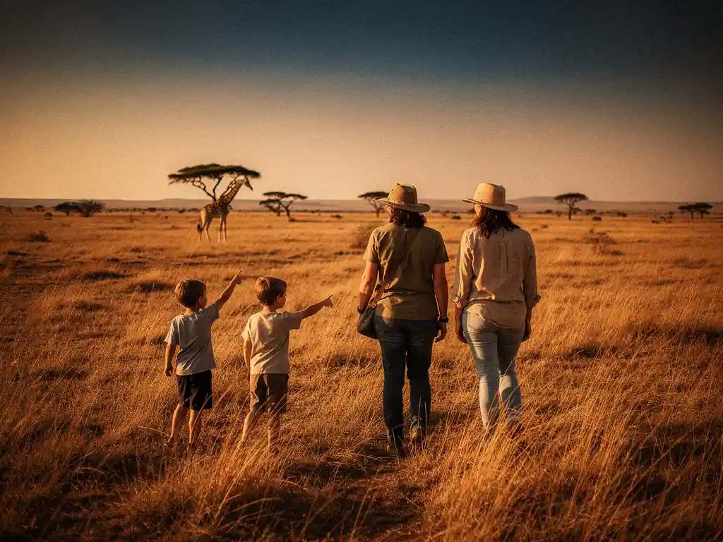 Familie van vier op Afrikaanse savanne bij zonsondergang, kinderen wijzen naar een giraffe bij acacia's in gouden avondlicht.