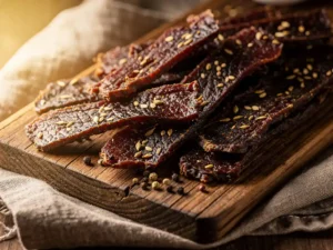 Gedroogde biltong reepjes met korianderkorrels en zwarte peper op een verweerde houten plank met rustiek linnen doek.