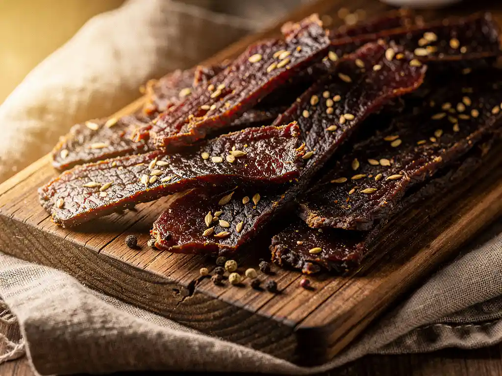 Gedroogde biltong reepjes met korianderkorrels en zwarte peper op een verweerde houten plank met rustiek linnen doek.