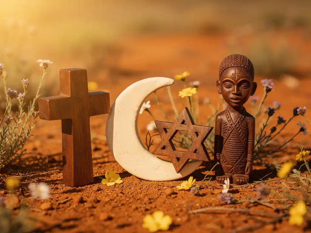 Handgemaakte houten en klei religieuze symbolen — kruis, halve maan, davidster en Afrikaans figuur — op terracotta aarde met fynbos wildebloemen.