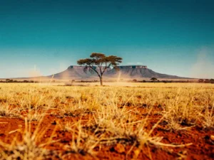 Gouden savannelandschap in Zuid-Afrika met een solitaire acacia, droog amberkleurig gras en een tafelberg in de verte onder een strakblauwe hemel.