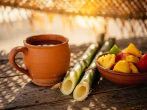 Rustieke kleikop gevuld met grogue, de Kaapverdische suikerrietdrank, naast verse suikerrietstengels en tropisch fruit in warm goudkleurig licht.