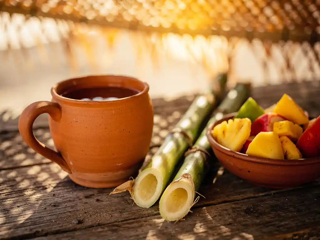 Rustieke kleikop gevuld met grogue, de Kaapverdische suikerrietdrank, naast verse suikerrietstengels en tropisch fruit in warm goudkleurig licht.