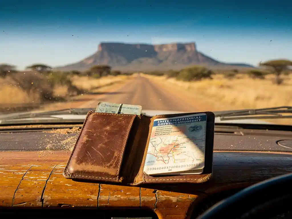 Versleten leren reisportemonnee met internationaal rijbewijs en Zuid-Afrikaanse wegenkaart op zonnig dashboard, savannewed en taffelbergen op achtergrond.