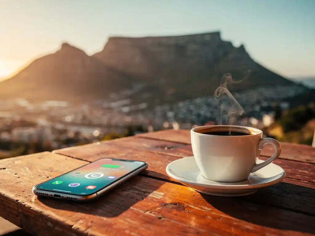 Verweerde houten cafétafel in Kaapstad met smartphone en dampende espresso, Tafelberg zacht op de achtergrond in gouden middaglicht.