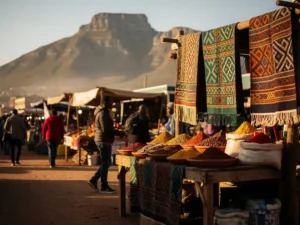 Kleurrijke handgeweven textiel en specerijen op houten marktkramen in Kaapstad, met de Tafelberg in de mistige achtergrond.