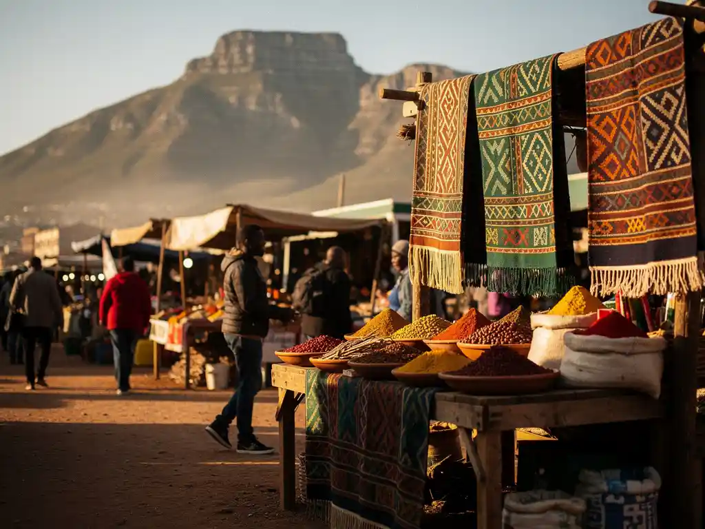 Kleurrijke handgeweven textiel en specerijen op houten marktkramen in Kaapstad, met de Tafelberg in de mistige achtergrond.