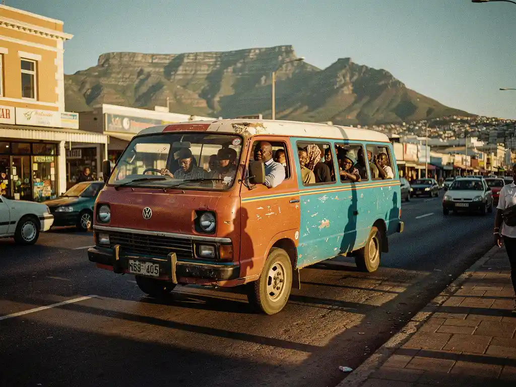Kleurrijke minibustax vol passagiers rijdt door een levendige straat in Kaapstad met de Tafelberg op de achtergrond.