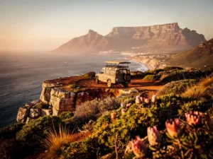 Safari-jeep geparkeerd op een dramatische klif met uitzicht op Kaapstads kustlijn en Tafelberg in gouden avondlicht, omringd door fynbos.