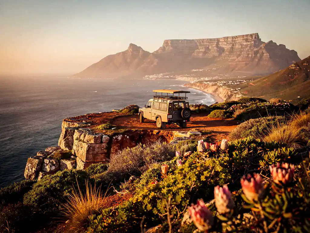 Safari-jeep geparkeerd op een dramatische klif met uitzicht op Kaapstads kustlijn en Tafelberg in gouden avondlicht, omringd door fynbos.