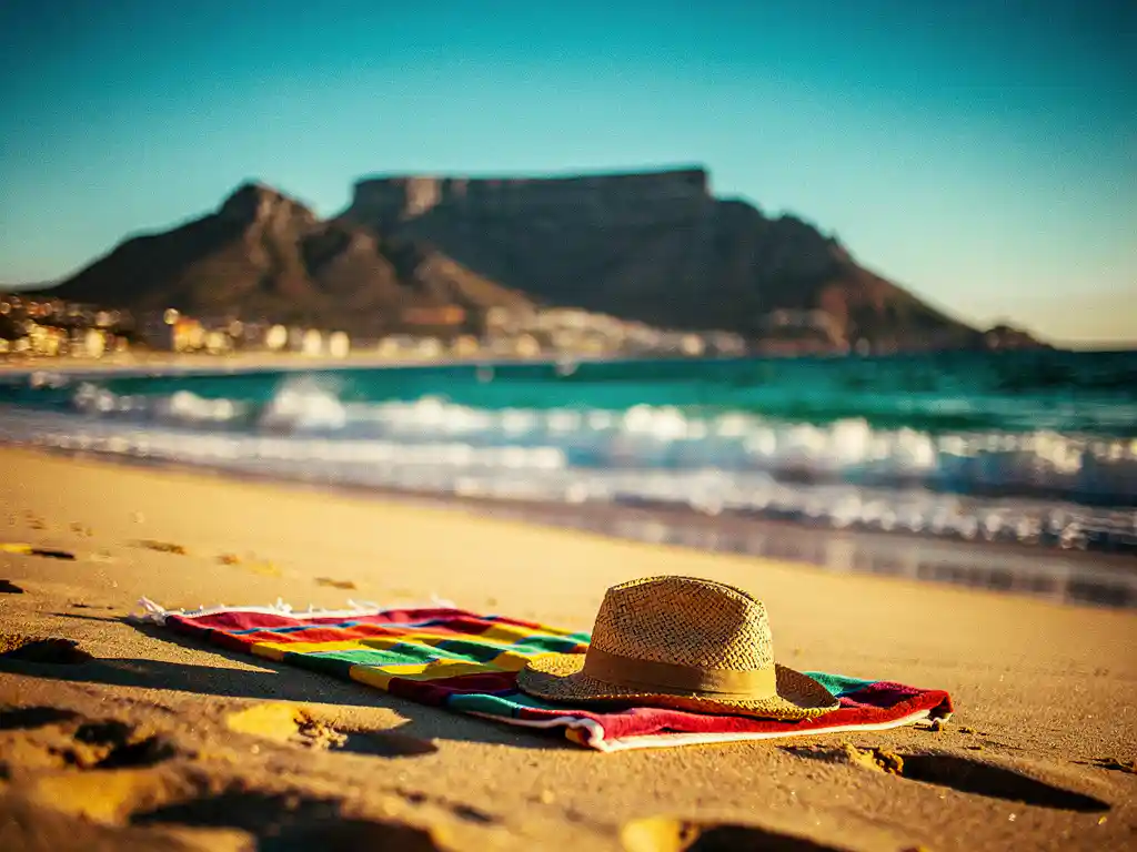 Zonnig Kaapstad-strand met turquoise water, gouden zand, strandhanddoek en strohoed, Tafelberg op de achtergrond.