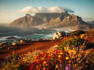 Tafelberg boven de turquoise Atlantische kust van Kaapstad, met kleurrijke fynbos-wildflowers op de voorgrond in gouduur licht.