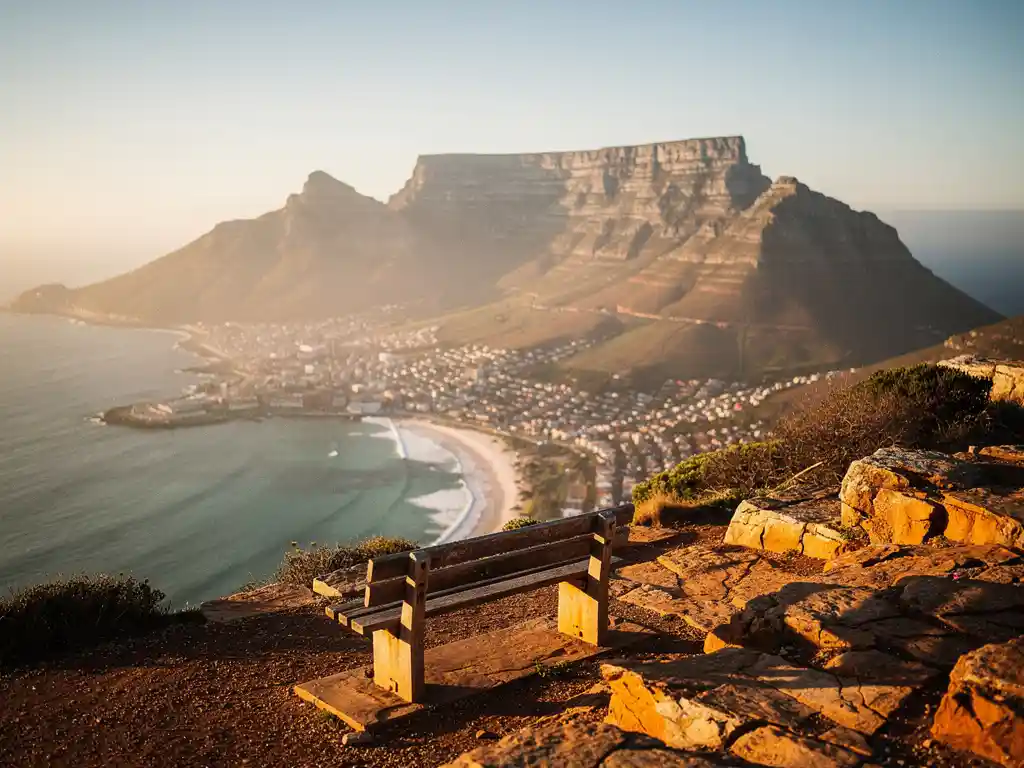 Versleten houten bankje op klifrots met uitzicht op Tafelberg en de turquoise Atlantische Oceaan bij gouden uur, Kaapstad.