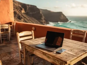 Reiziger werkt op laptop op zonnig terras in Kaapverdië met vulkanische kustlijn en turquoise Atlantische Oceaan op de achtergrond.