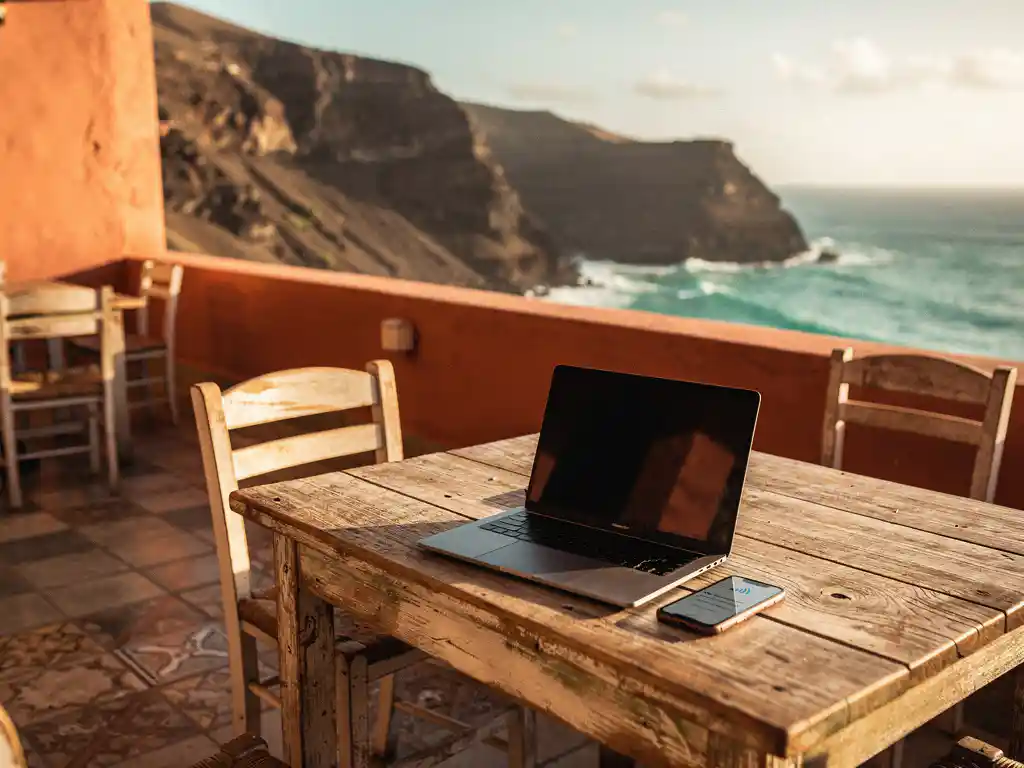 Reiziger werkt op laptop op zonnig terras in Kaapverdië met vulkanische kustlijn en turquoise Atlantische Oceaan op de achtergrond.