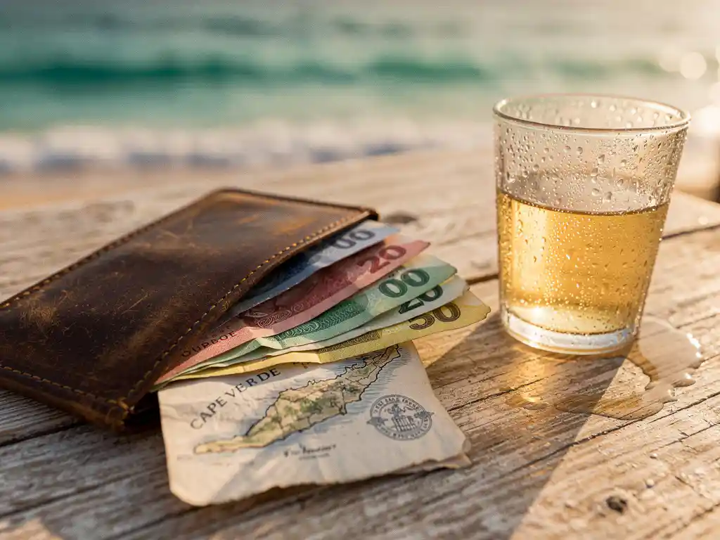 Versleten leren reisportemonnee met Kaapverdische escudo-biljetten en handgetekende eilandenkaart, naast een glas grogue met turquoise oceaan op achtergrond.