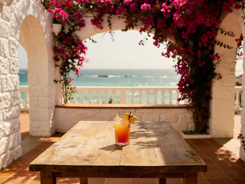 Witte boutiquehotel binnenplaats op Kaapverdië met bougainville, rustieke houten tafel met fruitdrank en turquoise oceaan op de achtergrond.