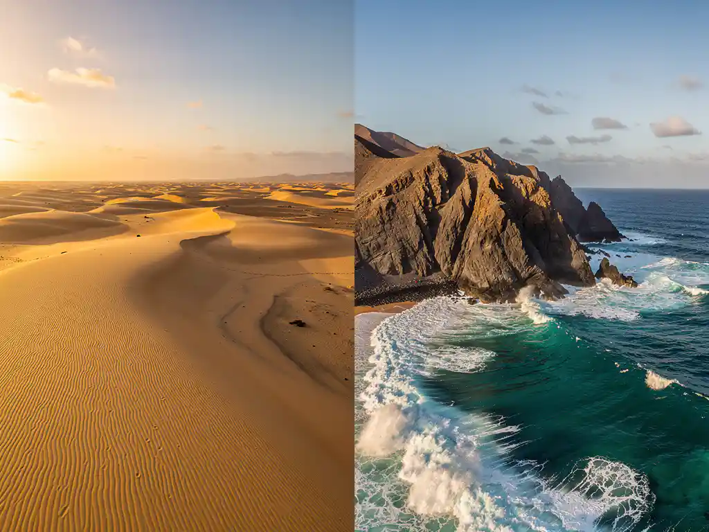 Gouden zandduinen van Sal naast vulkanische kliffen van Boa Vista, met turquoise Atlantische golven langs de Kaapverdische kust.