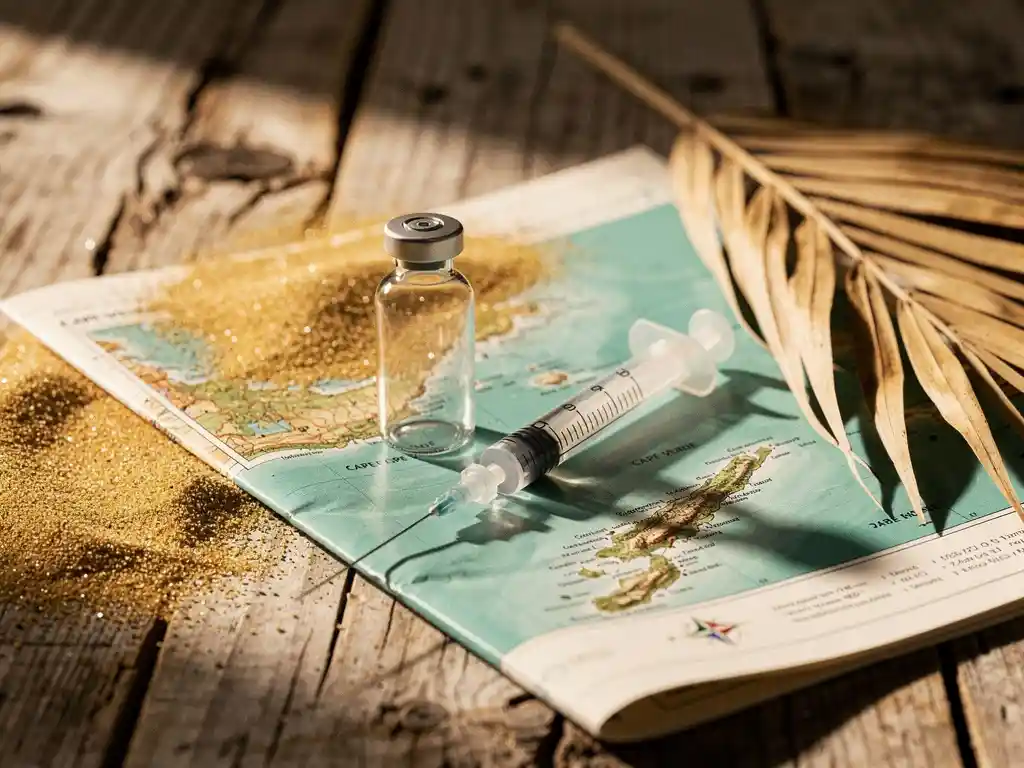 Glazen medicijnflesje en injectiespuit op een kaart van Kaapverdië, omringd door zand en een gedroogd palmblad op verwerkt hout.