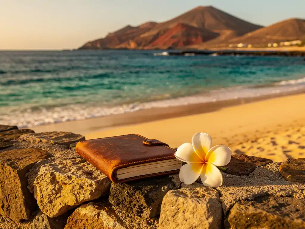Versleten leren reisdagboek met frangipanibloem op stenen muur, turquoise strand en vulkanische heuvels van Kaapverdië op de achtergrond.