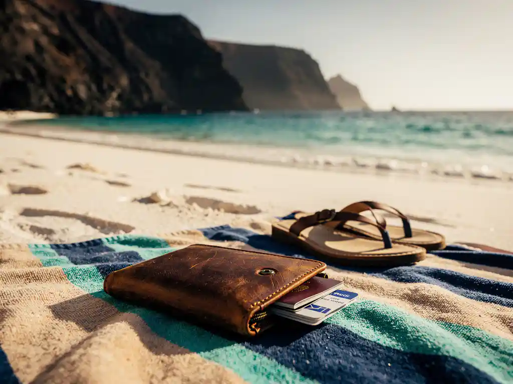 Leren reisportefeuille met paspoort en instapkaarten op gestreepte strandhanddoek aan turquoise Kaapverdisch strand met vulkanische kliffen.
