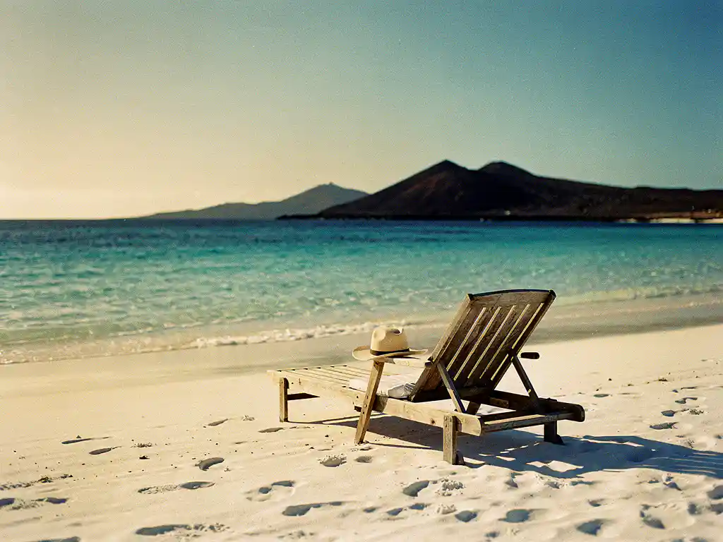 Verlaten houten ligstoel met strohoed op een wit zandstrand in Kaapverdië, turquoise water en vulkanische heuvels op de achtergrond.