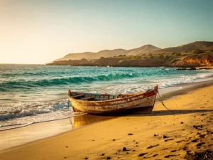 Verweerde vissersboot op een goudkleurig vulkanisch strand van Kaapverdië, met turquoise Atlantische golven en droge heuvels op de achtergrond.