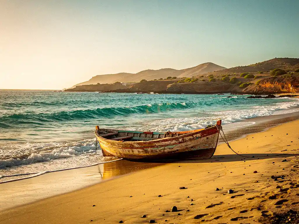 Verweerde vissersboot op een goudkleurig vulkanisch strand van Kaapverdië, met turquoise Atlantische golven en droge heuvels op de achtergrond.