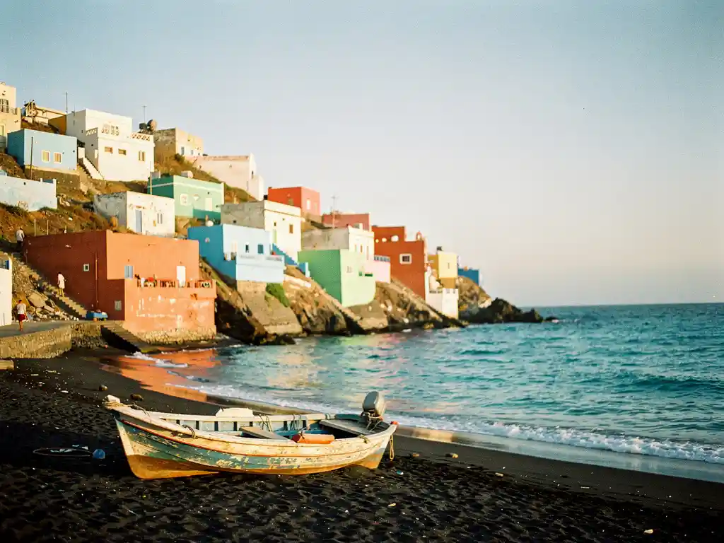 Kleurrijke pastelkleurige huizen in een Kaapverdisch kustdorp dalen af naar een turquoise baai met een visboot op zwart vulkanisch zand.