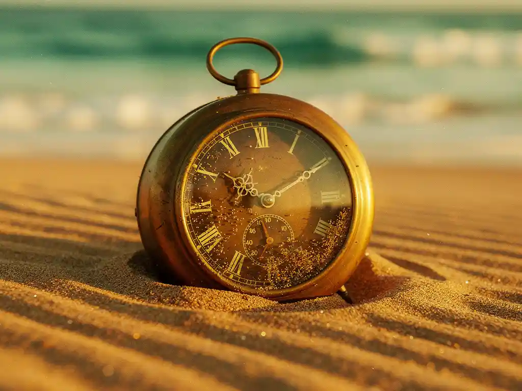 Vintage messing analoge klok half begraven in goudkleurig zand op een Kaapverdisch strand, met turquoise Atlantische golven op de achtergrond.