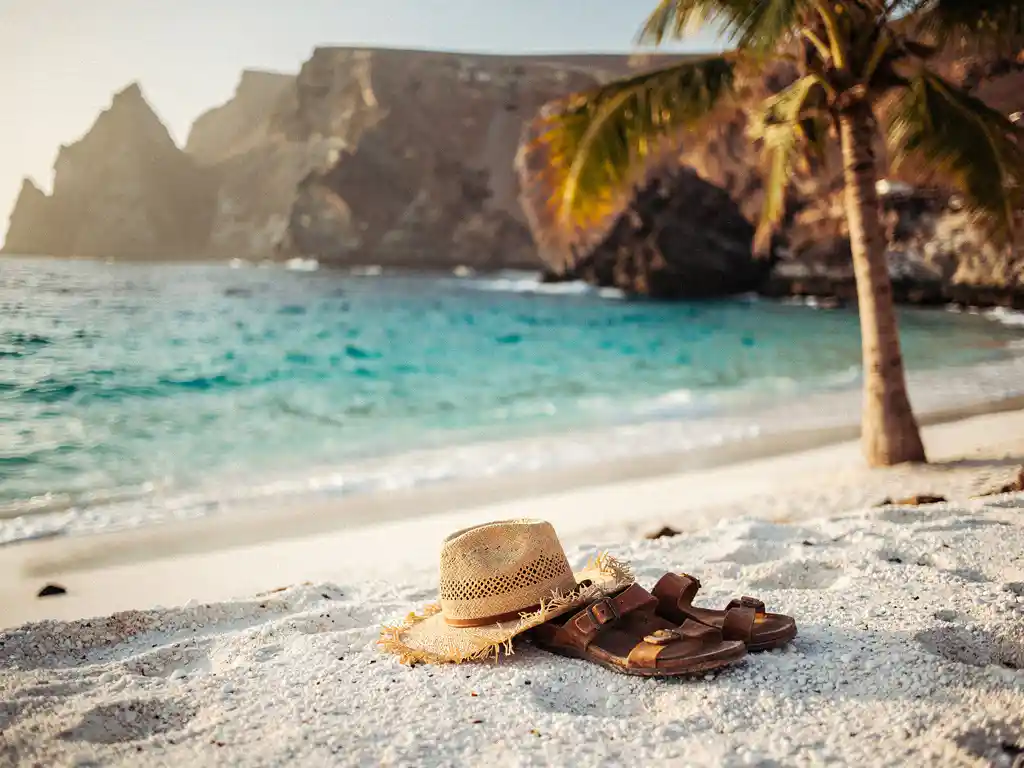 Wit vulkanisch zand en turquoise water op een Kaapverdisch strand, met een palmboom, strohoed en leren sandalen in gouden winterlicht.