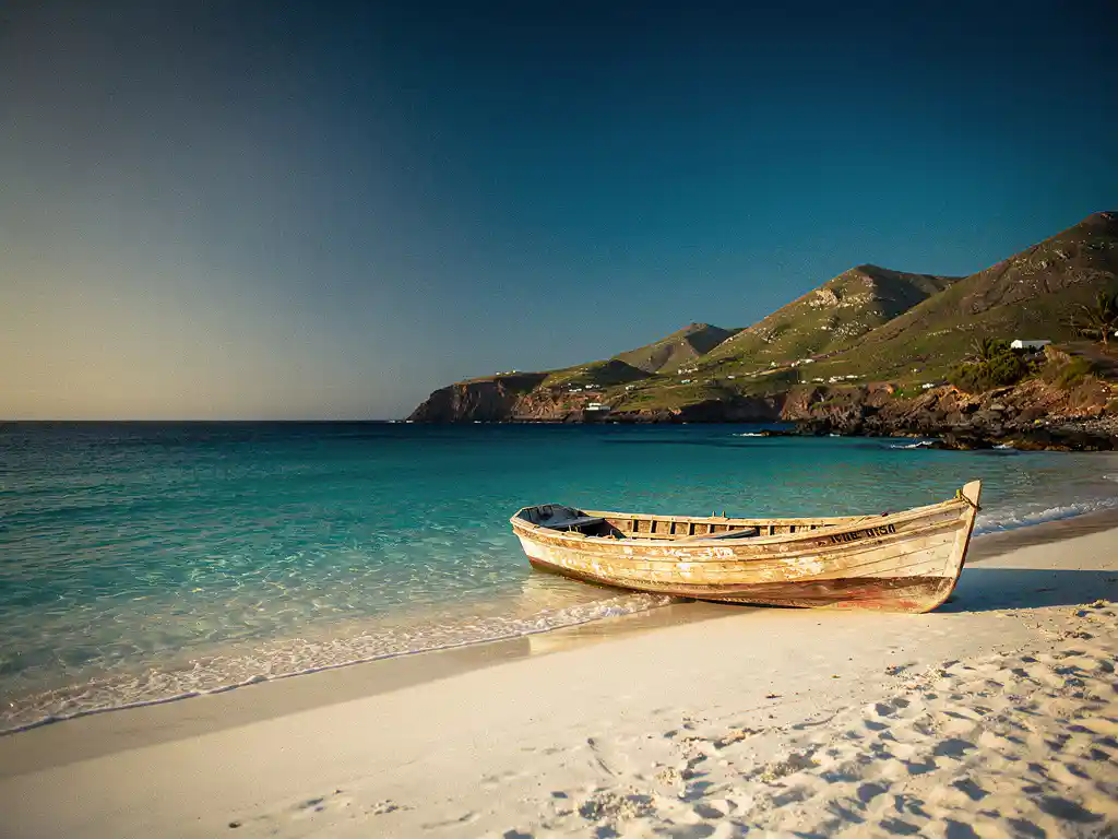 Verouderde houten vissersboot op wit vulkanisch zand van een Kaapverdisch strand met turquoise water en groene heuvels op de achtergrond.