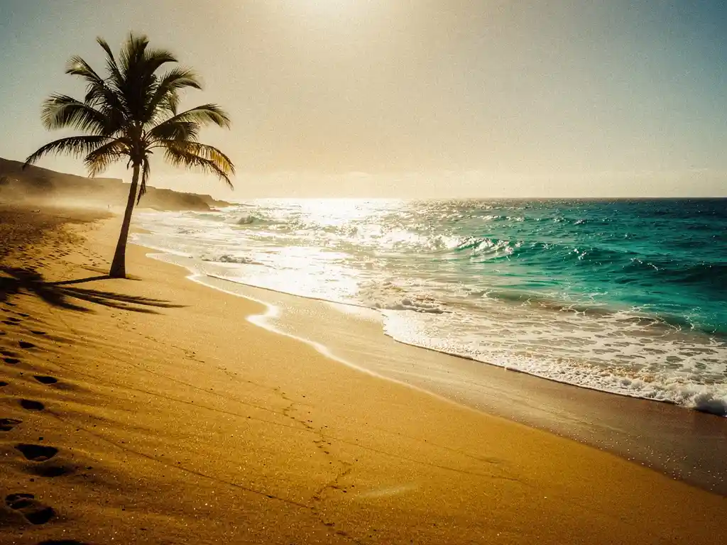 Verlaten vulkanisch strand op Kaapverdië met goudkleurig zand, turquoise water en een palmboom onder felle equatoriale zon.