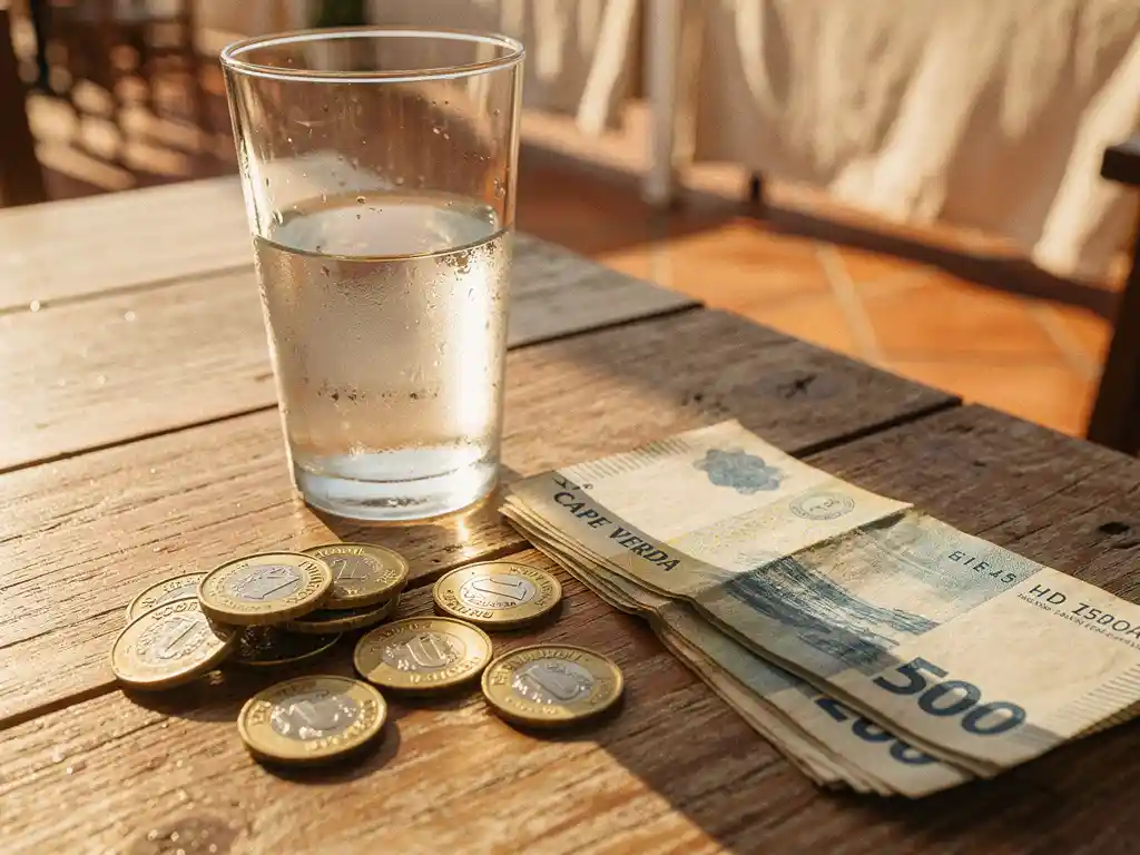 Kaapverdische escudo munten en bankbiljetten op verweerd houten tafel, naast een glas grogue in warm middaglicht.