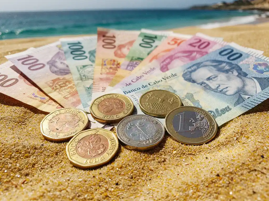 Kaapverdische escudo munten en bankbiljetten met een euro op goudkleurig zand, turquoise Atlantische kustlijn op de achtergrond.