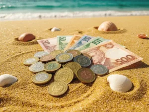 Kaapverdische escudo munten en bankbiljetten op goudkleurig zand met schelpen, turquoise Atlantische Oceaan op de achtergrond.