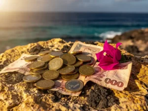Kaapverdische escudo munten en versleten bankbiljetten op vulkanisch rots, met bougainvillea en de Atlantische Oceaan op de achtergrond.